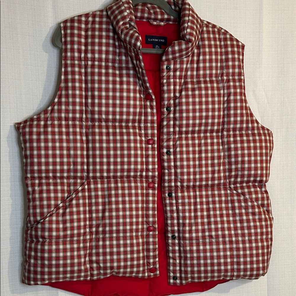 Lands' End Red and White Plaid Puffer Jacket XL 18-20